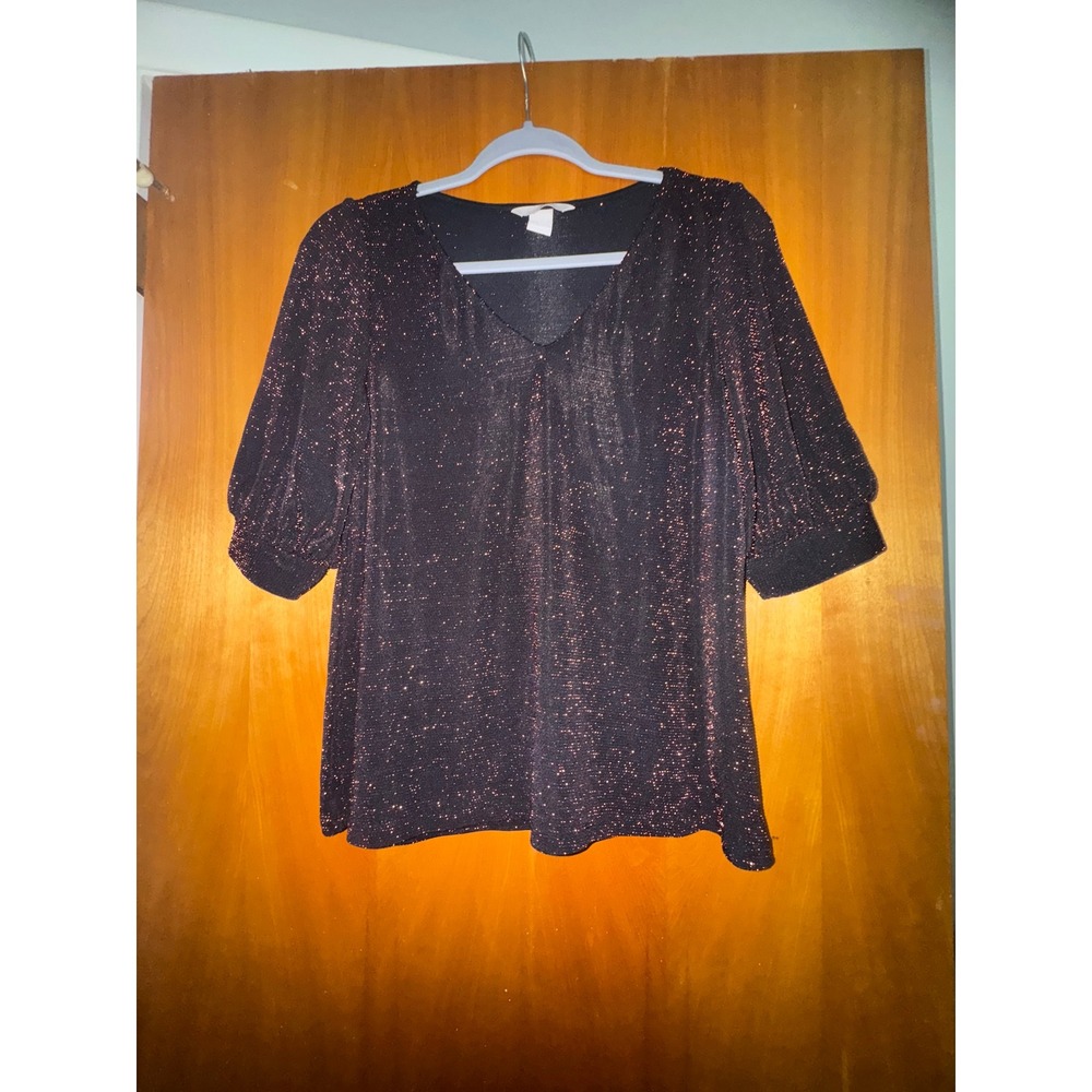 H&M women's black‎ and rose gold shimmer balloon sleeve top size small